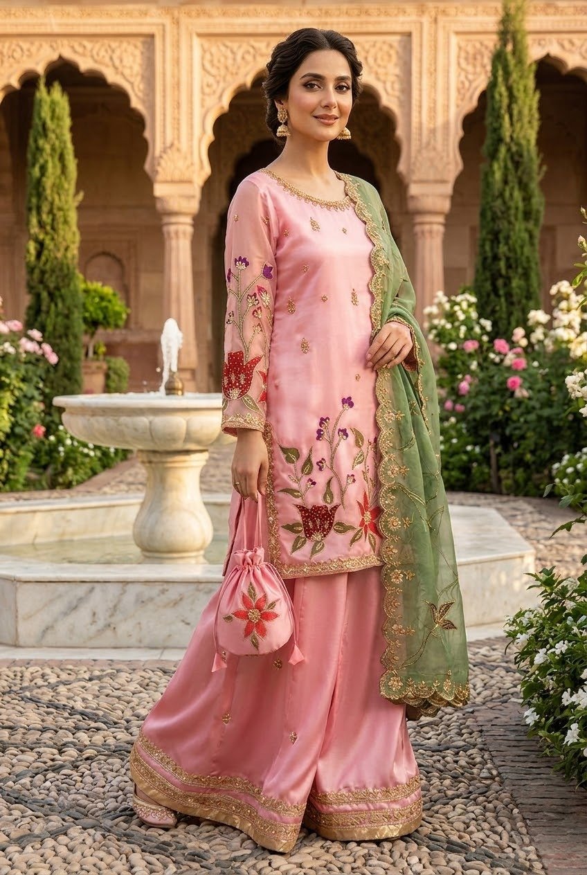 Blush Pink Sharara Suit with Hand Embroidered Florals