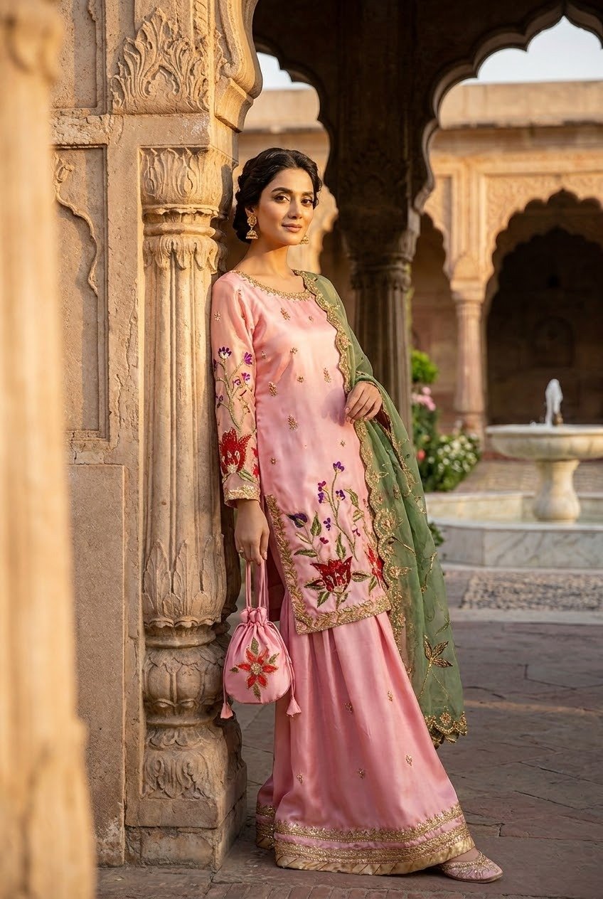 Blush Pink Sharara Suit with Hand Embroidered Florals — alternate view