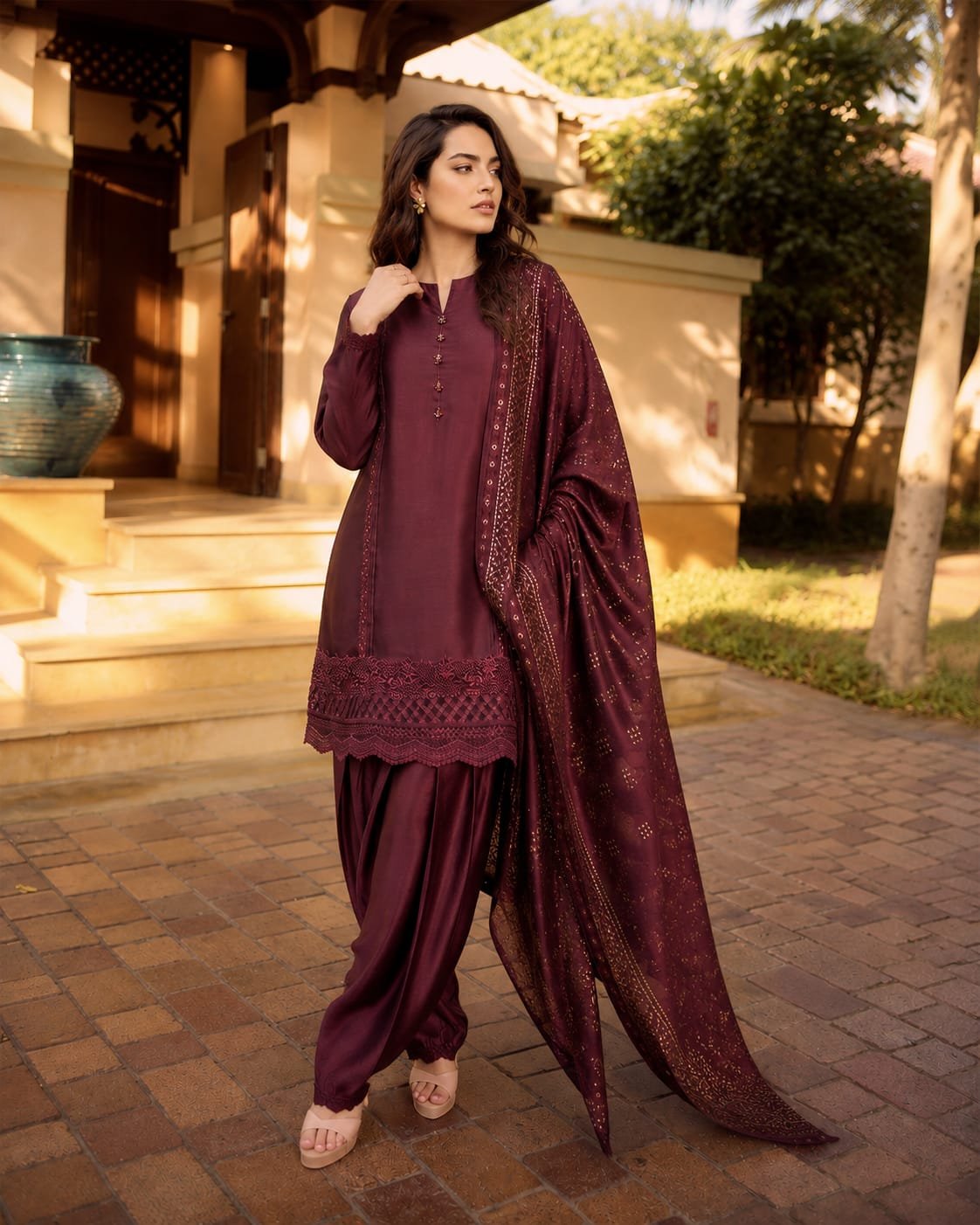 Maroon Raw Silk Suit with Lace Detailing