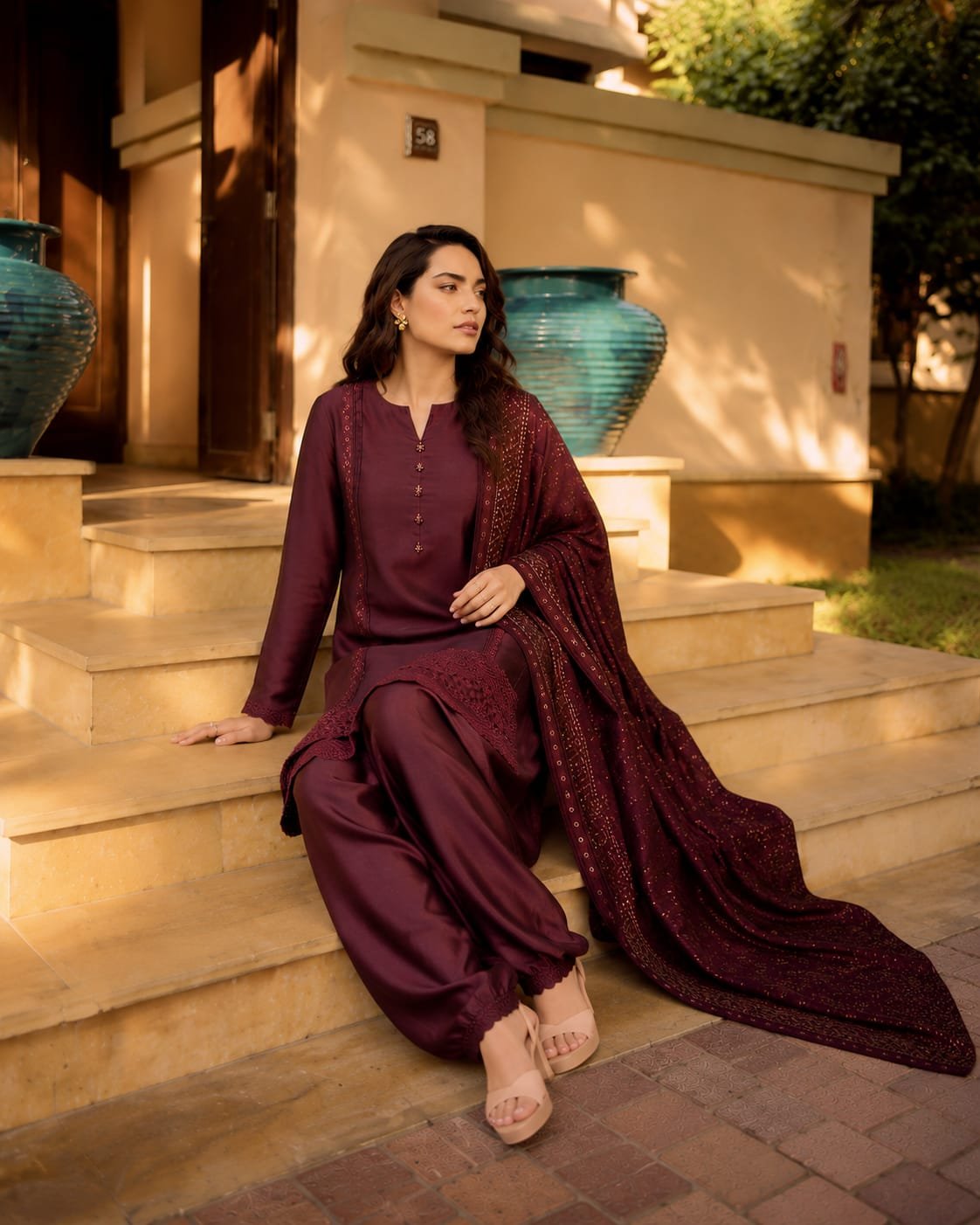 Maroon Raw Silk Suit with Lace Detailing — alternate view