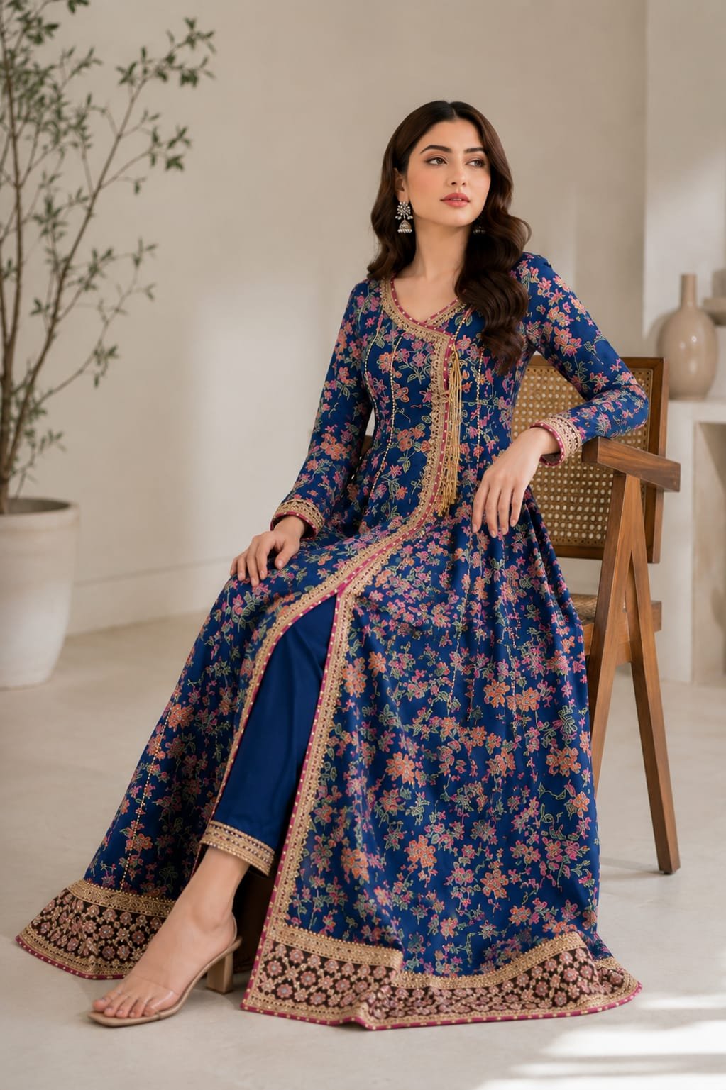 Royal Blue Floral Frock with Embroidered Border