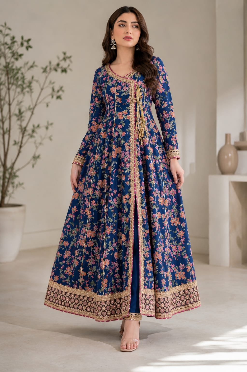 Royal Blue Floral Frock with Embroidered Border — alternate view