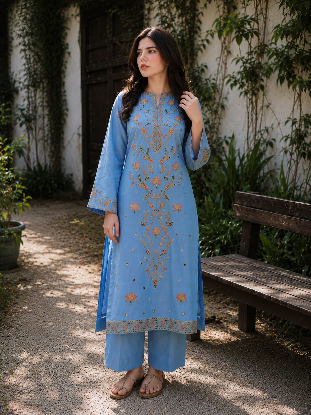 Sky Blue Grip Suit with Sequence Embroidery